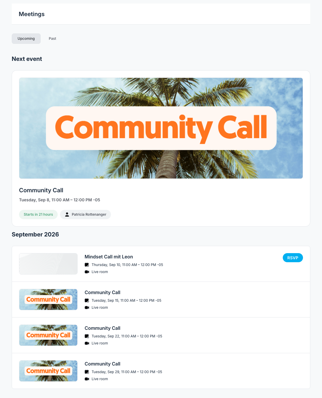 ReiseFrei Meetings-Kalender mit wöchentlichen Community-Calls und Mindset-Call mit Leon